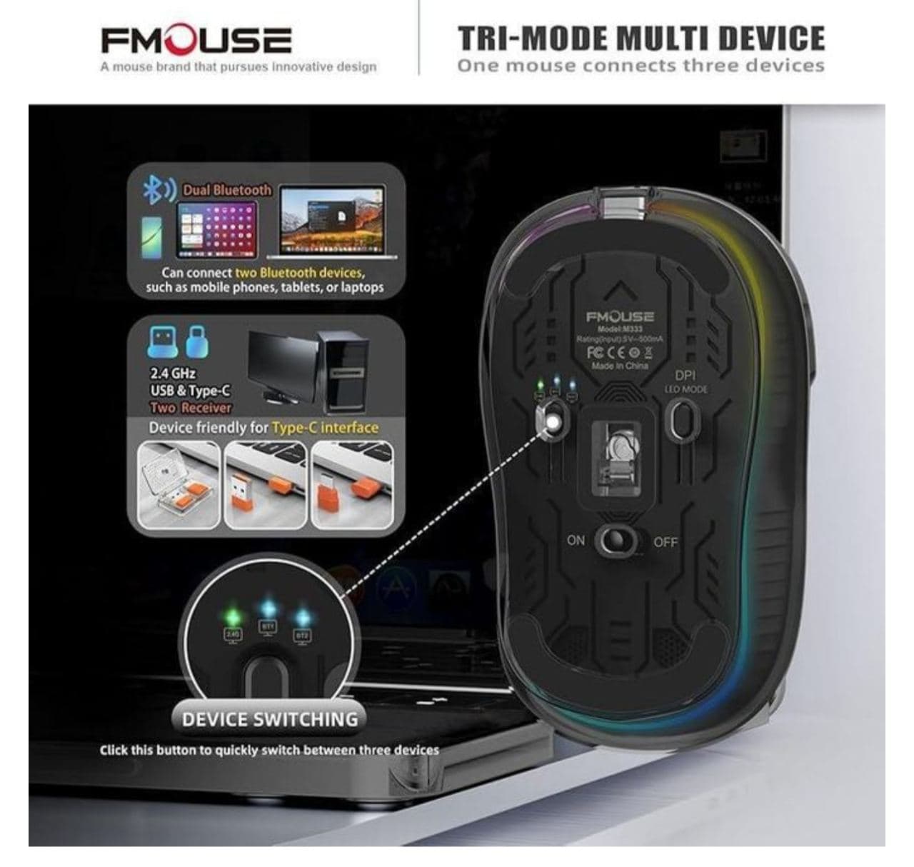 Colorful Transparent Wireless Mouse, Bluetooth Mice with USB & Type-C Two Receiver, Portable Silent Rechargeable Mouse — photo 3